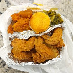 Lawrence's Soul Food And BBQ - Catfish, chicken wings, greens, sweet potatoes, corn muffin