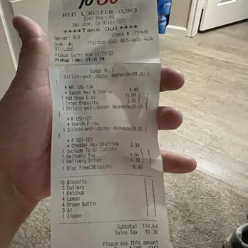 Red Lobster - I contacted them two weeks ago. They said the sorry and send out gifts card to make the trouble. That is their lair. - Seafood Near Me - San Jose, California Red Lobster - I contacted them two weeks ago. They said the sorry and send out gifts card to make the trouble. That is their lair. - Seafood Near Me - San Jose, California