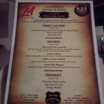 Clearman's Steak 'N Stein - Came out to try out the Dine LA lunch! It was a decent deal. - Steakhouses Near Me - Pico Rivera, California Clearman's Steak 'N Stein - Came out to try out the Dine LA lunch! It was a decent deal. - Steakhouses Near Me - Pico Rivera, California
