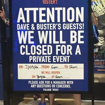 Dave & Buster's Nashville - Closed for a Private Event Sign - American Near Me - Nashville, Tennessee Dave & Buster's Nashville - Closed for a Private Event Sign - American Near Me - Nashville, Tennessee