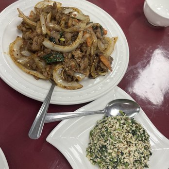 Shanghai Delight - dried stir fried lamb with cumin (left), bean curd with vegetables (right) - Shanghainese Near Me - Milpitas, California