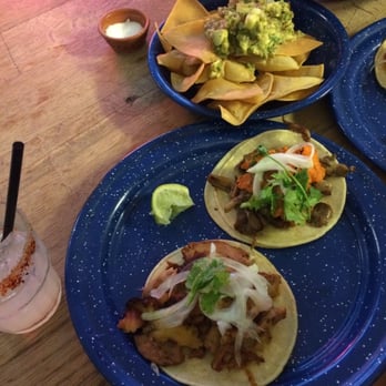 Candelaria - One pork and one mushroom tacos and some guac and margarita in the corner - Mexican Near Me - Paris, 75