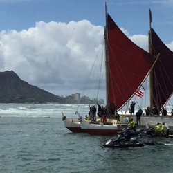 The historic arrival of the Hōkūlea at Ala Moana Regional Park after completing its Mālama Honua Worldwide Voyage on June 17, 2017.