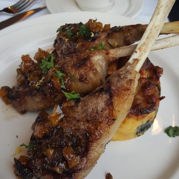 Santiam Café & Bistro - Lamb chops with pear and fig, side of kale and gruyere brioche bread pudding - New American Near Me - Albany, Oregon