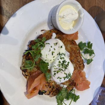 Cafe Pasqual's - Potato pancakes with lox and pouched eggs - Vegetarian Near Me - Santa Fe, New Mexico