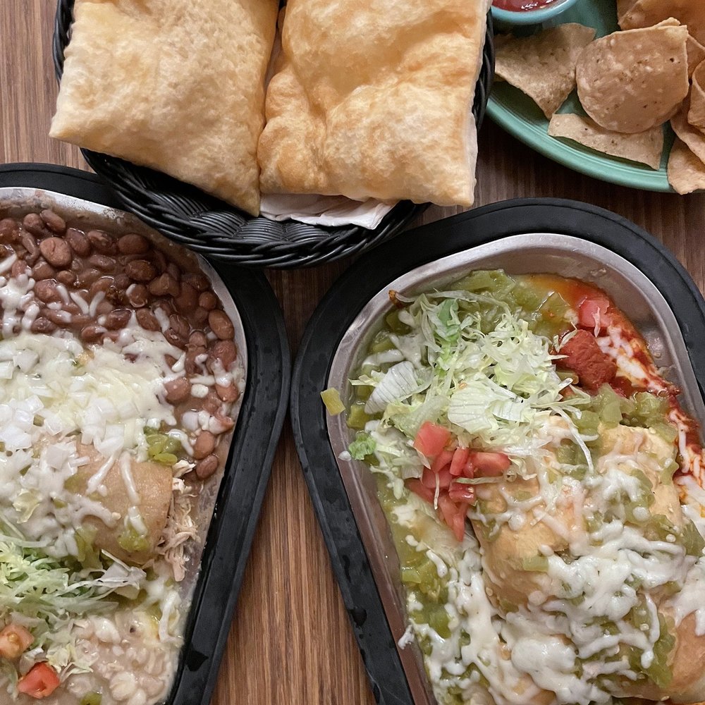 Tomasita's - Top and clockwise: Sopaipillas (one with each meal; comes with honey butter), Sopaipillas with pork, Mexican Lite Plate - New Mexican Cuisine Near Me - Santa Fe, New Mexico Tomasita's - Top and clockwise: Sopaipillas (one with each meal; comes with honey butter), Sopaipillas with pork, Mexican Lite Plate - New Mexican Cuisine Near Me - Santa Fe, New Mexico