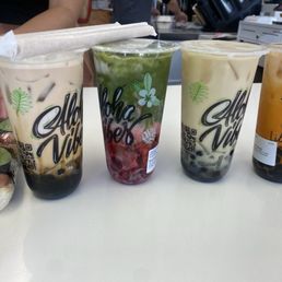 House milk tea, strawberry matcha, jasmine milk tea, thai tea