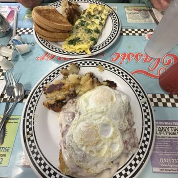 Classic Diner - Two eggs over easy atop Creamed Chipped Beef on a toast Biscuit. Yum! - Breakfast & Brunch Near Me - Virginia Beach, Virginia