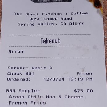 The Shack Kitchen and Coffee - Proof our awful experience! - Burgers Near Me - Spring Valley, California
