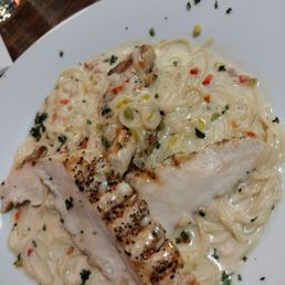 Pasta and chicken cream dish with angel hair