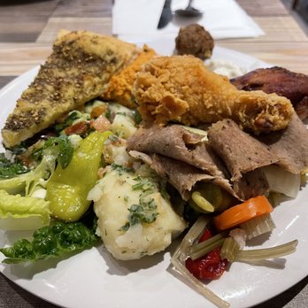 Dimassi's Mediterranean Buffet - Salad, veggies, potatoes, fried chicken, Gyro/doner meat, hummus, roasted chicken, rice, zatar pie. - Mediterranean Near Me - San Antonio, Texas
