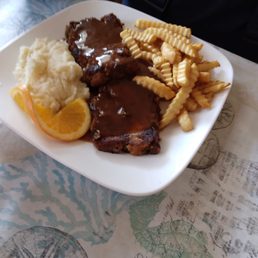 Meatloaf, fries and mashed potatoes for potato freaks. Meatloaf, fries and mashed potatoes for potato freaks.