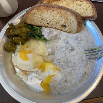 5b's Bakery - Biscuits and gravy with eggs over easy and a side of spinach and jalapeños. - Bakeries Near Me - Concrete, Washington 5b's Bakery - Biscuits and gravy with eggs over easy and a side of spinach and jalapeños. - Bakeries Near Me - Concrete, Washington