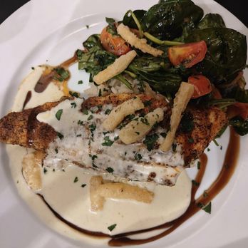 St Augustine Fish Camp - Blackened flounder with beurre blanc, basalmic reduction, and spinach salad . - Seafood Near Me - St Augustine, Florida