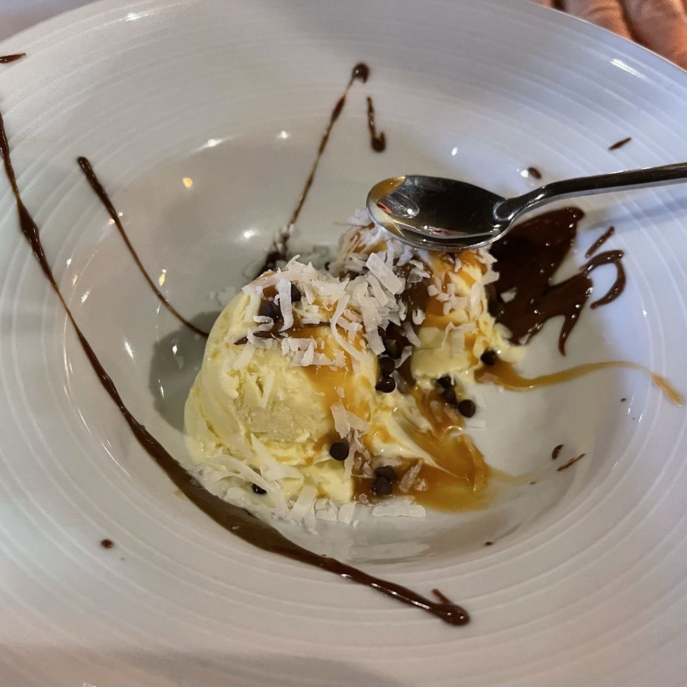 The Green Room Restaurant - Coconut ice cream with caramel, chocolate and nuts - New American Near Me - Florence, Oregon The Green Room Restaurant - Coconut ice cream with caramel, chocolate and nuts - New American Near Me - Florence, Oregon