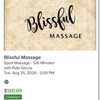 Blissful Massage - Confirmed booking with $120 being noted as the price - Massage Therapy Near Me - Pico Rivera, California Blissful Massage - Confirmed booking with $120 being noted as the price - Massage Therapy Near Me - Pico Rivera, California
