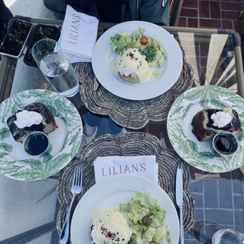 Lilian's - Brioche French Toast and Crab Benedict. We told the waiter we were going to share each dish, & the server split them onto individual plates. - Seafood Near Me - Rancho Santa Fe, California
