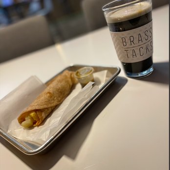 Brass Tacks - Lavender & Charcoal Latte with Oat Milk. Potato, Egg White, and Cheese Taco. - Coffee & Tea Near Me - Houston, Texas