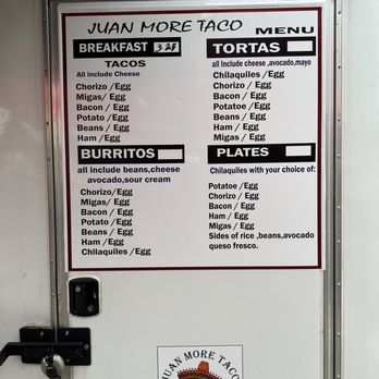 Juan More Taco - a menu on a food truck - Tacos Near Me - Austin, Texas