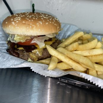 Denham Patty - 10 oz (over 1/2 lbs) bacon cheeseburger with side of French fries. - American Near Me - Denham Springs, Louisiana