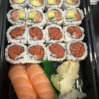 Sushi House 2 - Alaskan roll (top), Spicy Tuna Roll (middle), salmon sushi (bottom) - Sushi Bars Near Me - Jacksonville, Florida Sushi House 2 - Alaskan roll (top), Spicy Tuna Roll (middle), salmon sushi (bottom) - Sushi Bars Near Me - Jacksonville, Florida