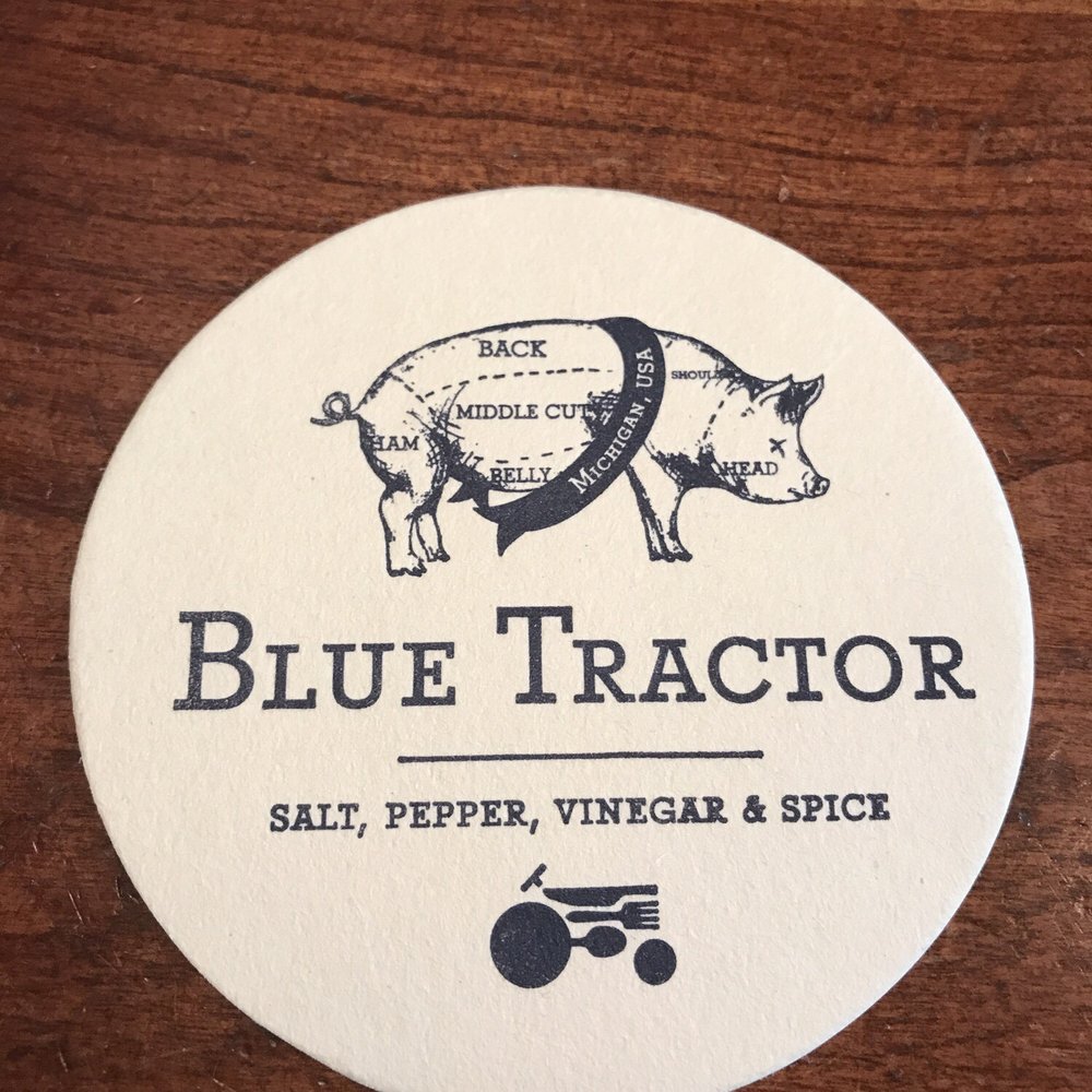 Blue Tractor Barbeque - Cute restaurant coaster - American Near Me - Traverse City, Michigan Blue Tractor Barbeque - Cute restaurant coaster - American Near Me - Traverse City, Michigan