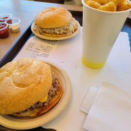 Beef and cheddar, tots, and large turkey. Beef and cheddar, tots, and large turkey.