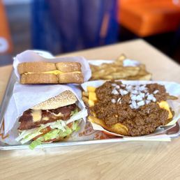 Grilled Cheese, Juicy James burger, Chili cheese fries, duck fat fries- yum!