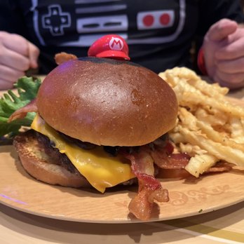 Toadstool Cafe - Mario burger with mushrooms, bacon and cheese - Cafes Near Me - Universal City, California Toadstool Cafe - Mario burger with mushrooms, bacon and cheese - Cafes Near Me - Universal City, California