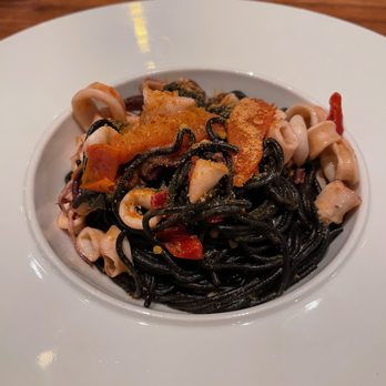 Donato & Co - SPAGHETTI NERI - squid ink, Monterey Bay calamari, garlic, Calabria spicy peppers, oven-dried Roma tomato, bottarga - Italian Near Me - Berkeley, California
