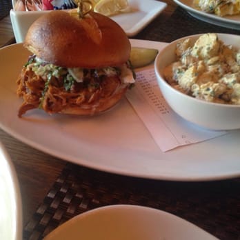 Vermilion - Pulled pork sandwich with potato salad - New American Near Me - Alexandria, Virginia Vermilion - Pulled pork sandwich with potato salad - New American Near Me - Alexandria, Virginia