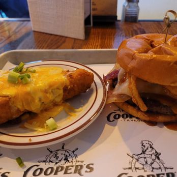 Cooper’s Tavern - Southern Heat burger with a side of fried Mac n cheese cake - Burgers Near Me - Little River, South Carolina