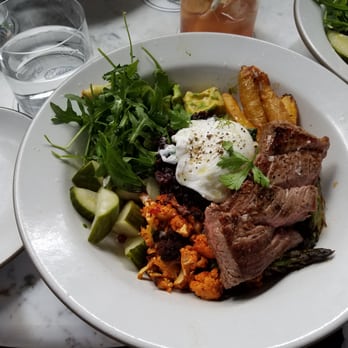 Josephine House - Rice bowl with steak. Includes asparagus, seasonal vegetables, black rice, and avocado. - American Near Me - Austin, Texas