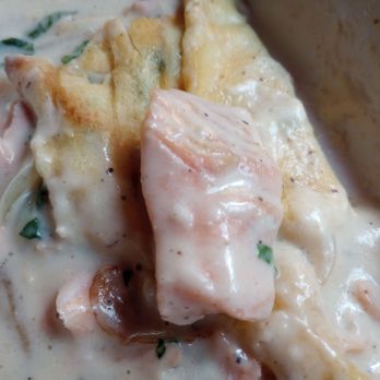 Le Bistro By Liz - Look at the delicious chunks of salmon in the Seafood Florentine Crepe. - French Near Me - Halifax, Nova Scotia