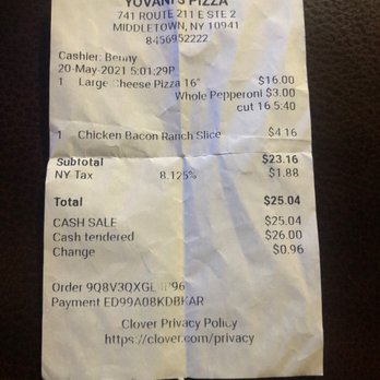 Yovani's Pizza - The receipt showing the ridiculous charge for slicing a pizza. - Pizza Near Me - Middletown, New York