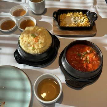 BORI - Spring Branch - Top to Bottom: Corn Cheese, Steamed Egg, Kim Chi Stew - Korean Near Me - Houston, Texas