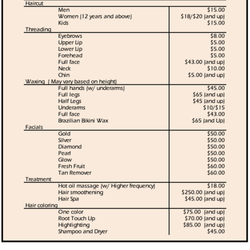 Mansi Indian Beauty Salon - Rate Card