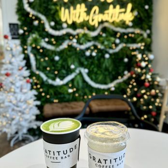 Gratitude Coffee Bar - 12/14/2023: Matcha latte and lemonade (in to go cups) with super cute & festive Christmas decorations - Coffee & Tea Near Me - Concord, California Gratitude Coffee Bar - 12/14/2023: Matcha latte and lemonade (in to go cups) with super cute & festive Christmas decorations - Coffee & Tea Near Me - Concord, California