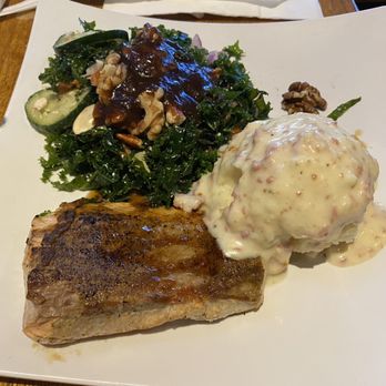 Hughie's - grilled salmon, mashed potatoes, salad - Vietnamese Near Me - Houston, Texas Hughie's - grilled salmon, mashed potatoes, salad - Vietnamese Near Me - Houston, Texas