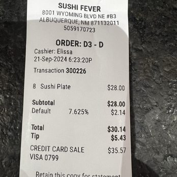 Sushi Fever - Receipt - Conveyor Belt Sushi Near Me - Albuquerque, New Mexico