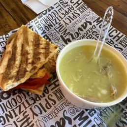 Skypond lunch special chicken noodle soup and chicken panini