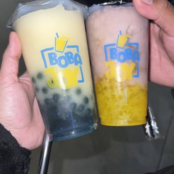 Boba Joy - Lychee slush with blueberry popping boba (on the left) Blueberry slush with mango stars (on the right) - Bubble Tea Near Me - Santee, California