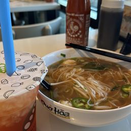 Shrimp pho and tutti fruity drink