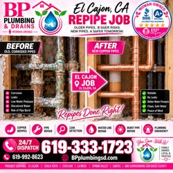 BP Plumbing & Drains - El Cajon copper repipe: corroded pipes replaced. Expert repiping & leak repair. 24/7 Dispatch: 619-333-1723.