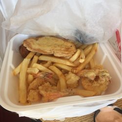 Tucker's Seafood - Fried shrimp plate with toast hush puppies and fries