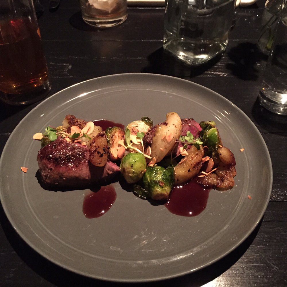 Venison with apples, Brussels sprouts and almonds. Venison with apples, Brussels sprouts and almonds.