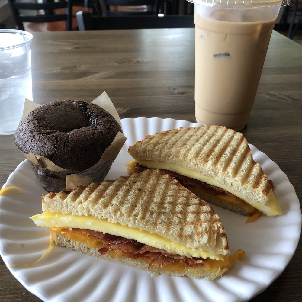 Great Harvest Bread Co - Bacon, egg and cheddar on Farmhouse White Bread, yummy chocolate brownie muffin and Iced Vanilla Latte. Delicious breakfast. - Bakeries Near Me - Midlothian, Virginia Great Harvest Bread Co - Bacon, egg and cheddar on Farmhouse White Bread, yummy chocolate brownie muffin and Iced Vanilla Latte. Delicious breakfast. - Bakeries Near Me - Midlothian, Virginia