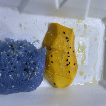 Thai Treasure - Dry BLUE sticky rice with a sad piece of old Mango :( - Thai Near Me - Arlington, Virginia