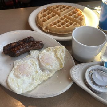 Ozzie's Place - Belgian Waffle with Eggs and Sausage - American Near Me - Silverdale, Washington Ozzie's Place - Belgian Waffle with Eggs and Sausage - American Near Me - Silverdale, Washington