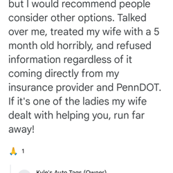 Kyle's Auto Tags & Insurance - Kyle'd response to my husband.